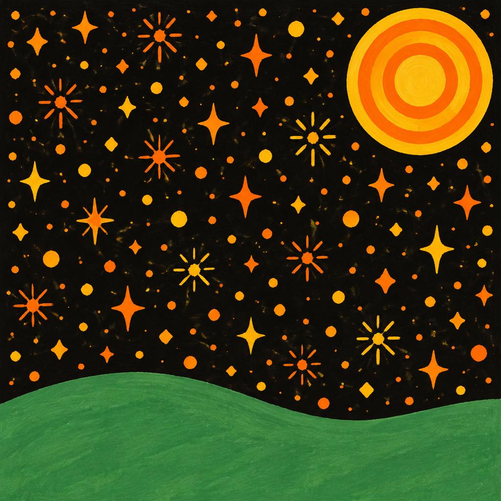 A black night sky full of yellow stars over a green hill