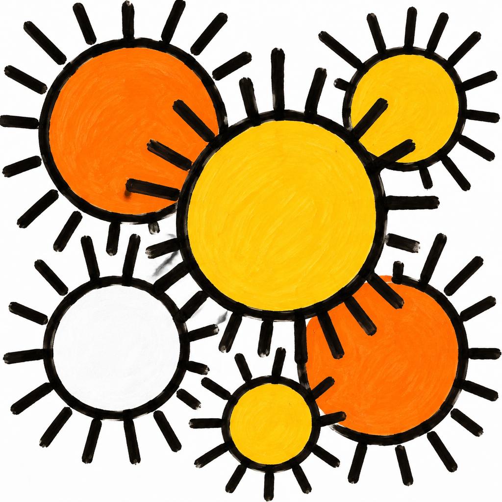 A painting of many suns in yellow and orange with black outlines